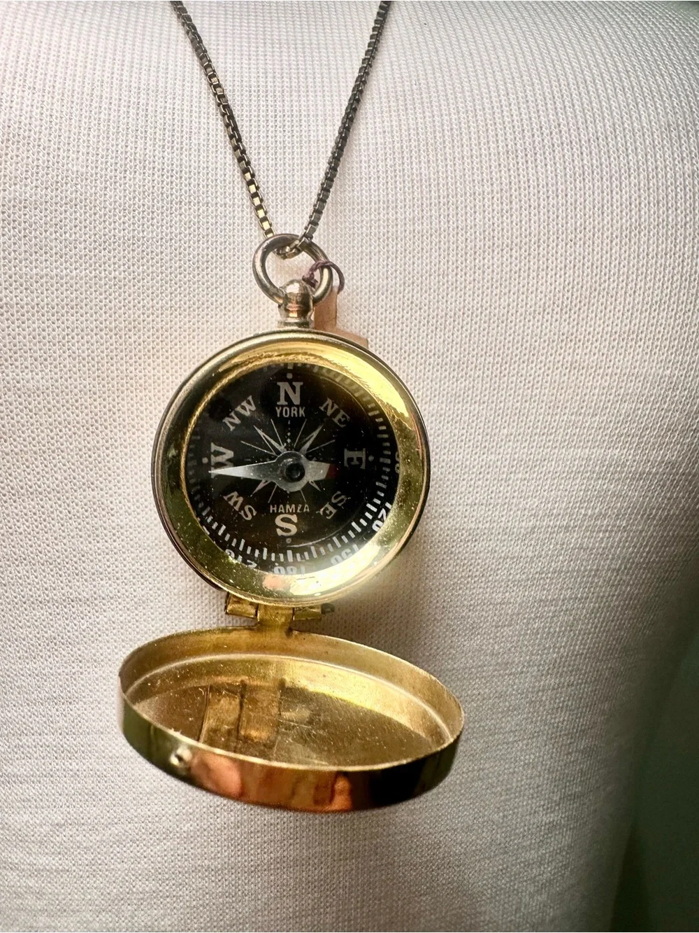 Vintage Style Working Brass Compass Locket Necklace – Long Silver Box Chain